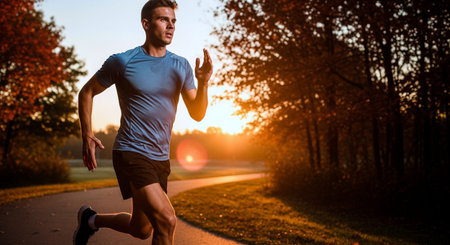 Young man jogging in the park at sunset. Healthy lifestyle concept.