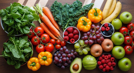 Vegetables, fruits and berries on wooden background. Top view