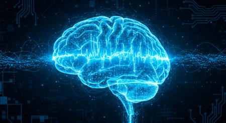 Creative glowing human brain on blue background. Artificial intelligence concept. 3D Rendering