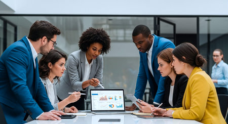 multiethnic businesspeople using digital tablet and laptop in modern office
