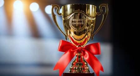 Trophy cup with red ribbon and bokeh background. 3D rendering