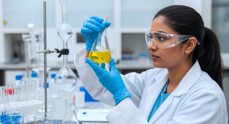asian female scientist looking at test tube with yellow liquid in laboratory