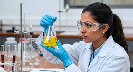 asian female scientist looking at test tube with yellow liquid in laboratory