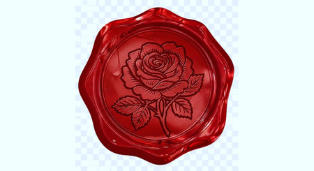 Red wax seal with rose on transparent background, 3d rendering. Computer digital drawing.の写真素材