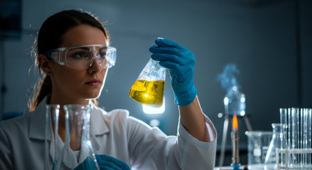 Young female scientist working in laboratory and examining test tube with yellow liquid