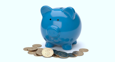 Blue piggy bank with coins isolated on white background. 3d illustration
