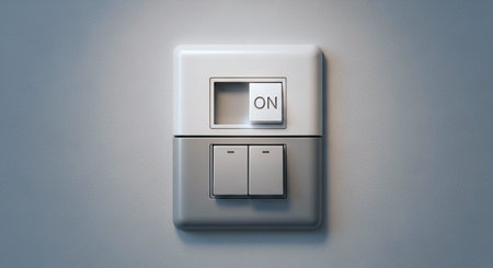 Digital composite of Light switch with ON text in gray background 3d