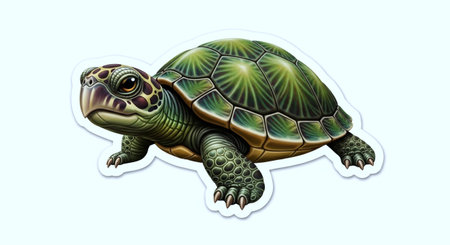 Illustration of a green turtle on a white background with a sticker