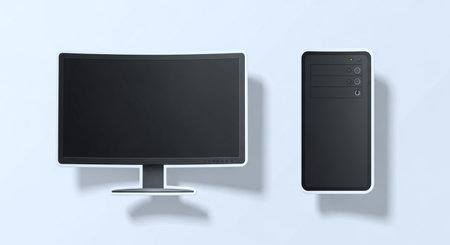 Computer monitor and mobile phone on white background. Front and back view.