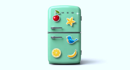 Retro fridge with fruits and vegetables 3d render on blue background with shadowの写真素材