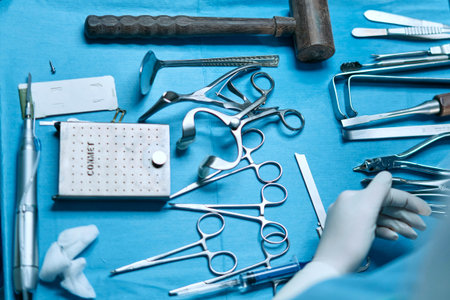 Surgical instruments and tools in operating room, close-up.の写真素材