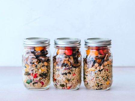 Healthy food in mason jars with quinoa, mushrooms and vegetables.