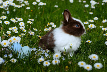 Easter bunny and easter egg on green grass with daisies