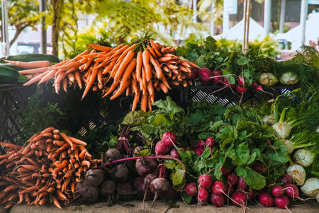 Freshly harvested carrots and beets in a basket at a farmers market