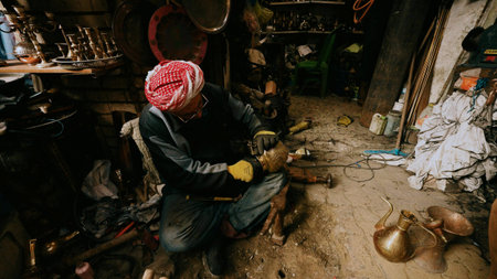 Unidentified Indian male jeweler working in his workshop.