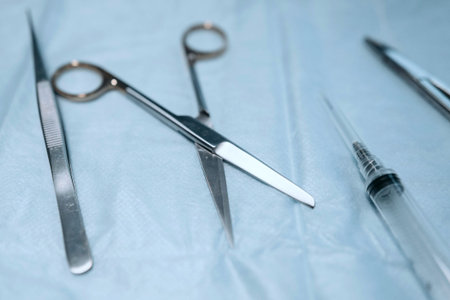 Surgical instruments on a table in an operating room, close-up