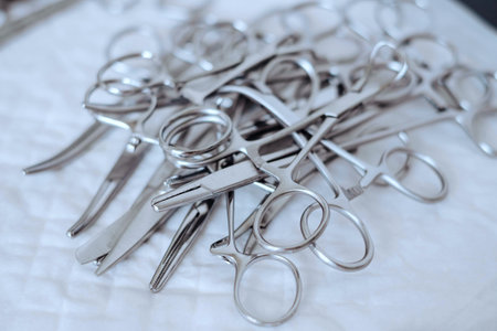 Surgical instruments and tools in operating room prepared for a surgery.