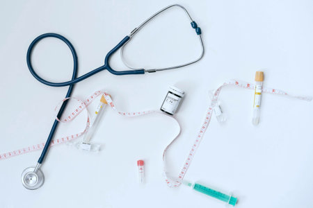 stethoscope, measuring tape, thermometer and a syringe
