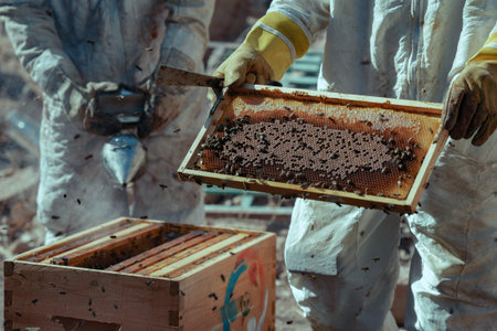 Beekeeper is showing a frame of honeycomb with bees on it.
