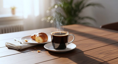 Cup of coffee with croissant on wooden table in cafe
