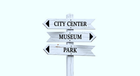 Wooden signpost on white background with text city center, museum, park.