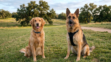 Two dogs of breed Golden Retriever sitting on the grass in the park.