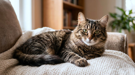 Cute tabby cat lying on sofa at home, looking at camera