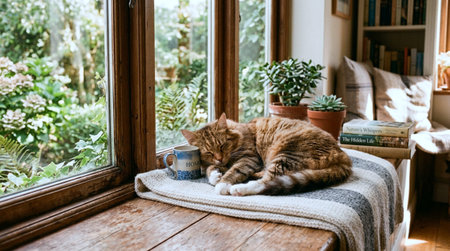 Cute ginger cat sleeping on the windowsill with a cup of coffee and book.