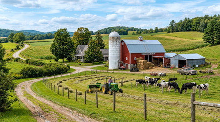 Rural landscape with barns, tractor and cows on a farm