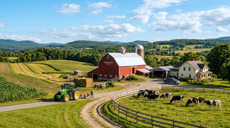 Rural landscape with red barns and cows in the foreground.