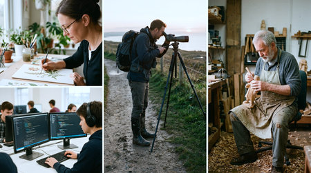 Collage of young male photographer working in his studio with his team