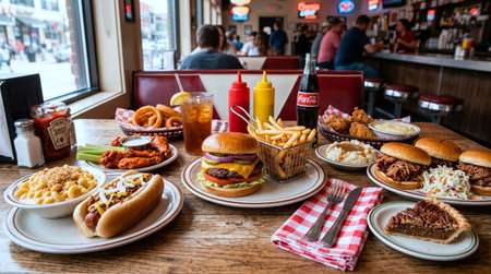 Hamburgers, cheeseburgers and fries in a fast food restaurant