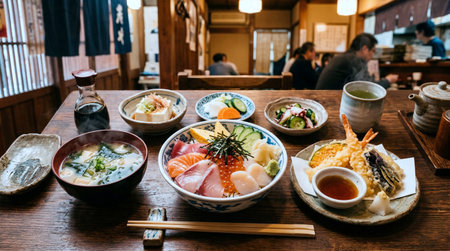 Japanese food set on a wooden table. Traditional japanese cuisine.