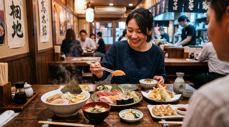 Asian woman eating sushi in japanese restaurant. People and Japanese culture concept.