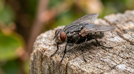 Housefly sitting on a tree stump in the garden. Macro.