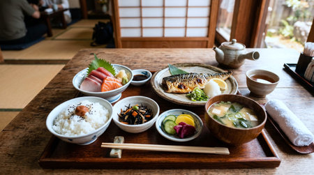 Japanese food set on wooden table in japanese restaurant, top view
