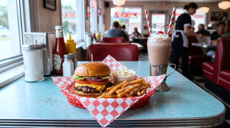Hamburger, french fries and milkshake in fast food restaurant