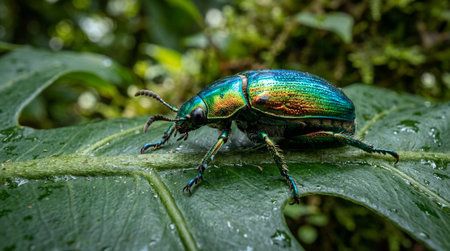 Close-up of a green beetle on a leaf in the rain