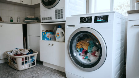 Laundry room interior with washing machine and clothes in a basket
