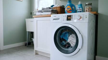 Laundry room with washing machine and detergent. Laundry day concept.