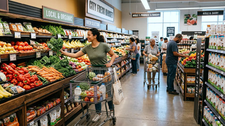 Woman shopping in a grocery store with a group of people in the background