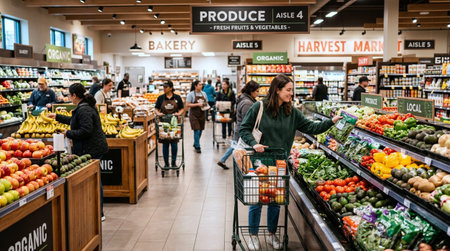 People visit a supermarket. The store has various sections for different types of food, and customers are shopping.