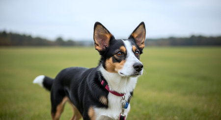 Portrait of a purebred Australian Shepherd dog standing in the field