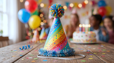 Birthday party with colorful hat and confetti on table at home