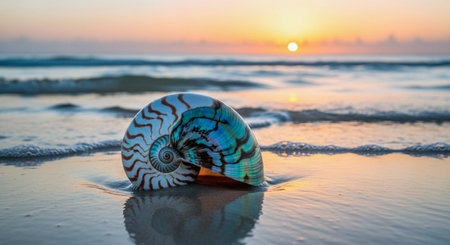 Nautilus shell on the beach at sunset. Nature background.