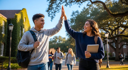 Group of students giving high five to each other while standing in campus