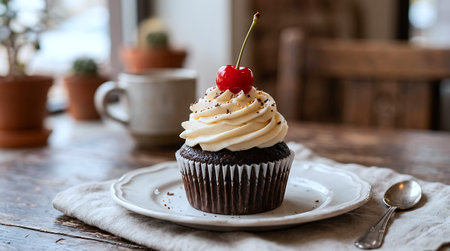 Chocolate cupcake with cherry on top on a wooden table.