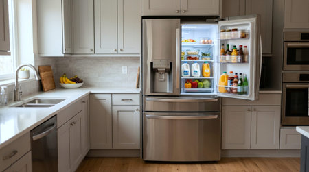 Refrigerator in modern kitchen with new built in appliances. Nobody inside