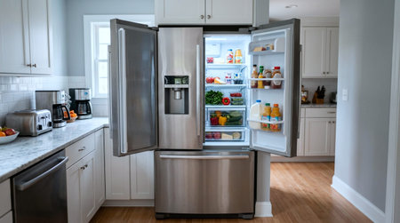 Modern kitchen interior with fridge and fresh fruits and vegetables. Nobody inside