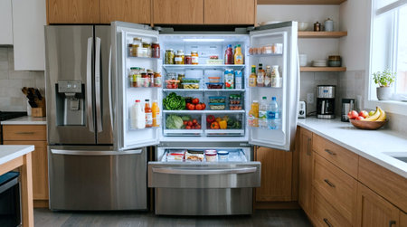 Refrigerator with food in the kitchen. Refrigerator interior